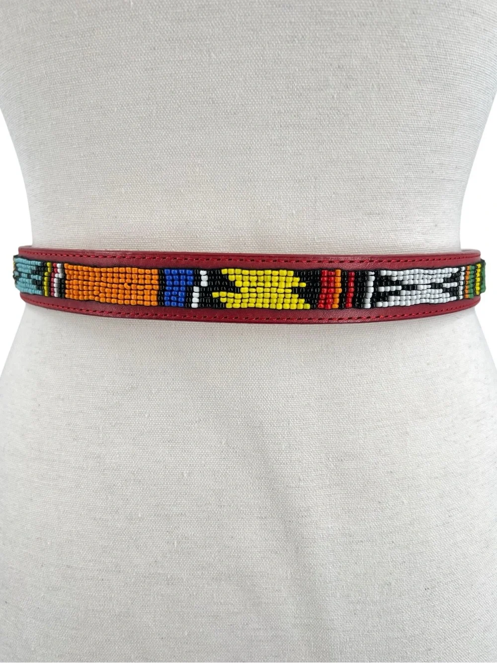 Justin Vintage Red Leather Beaded Belt Multicolor Seed Bead Western Boho Size 28